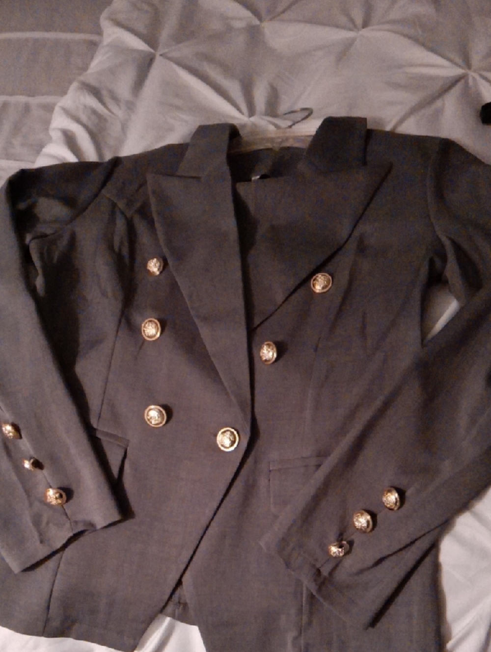 Double-Breasted Women's Suit in Dark Gray with Gold Buttons